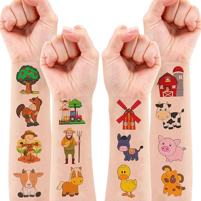 72 PCS Farm Barnyard Animal Pre-Cut Temporary Tattoos Sticker Birthday Decorations Party Supplies Favors Gift Boy Girl Farmhouse Cow Chicken Tattoo School Reward Themed (Normal)