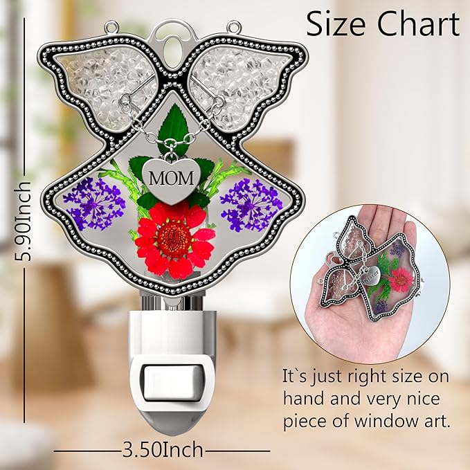 KY&BOSAM Night Light Mom Stained Glass Angel Night Lights Plug Into Wall with Real Flower in Glass and Metal Charm Night Light for Nursery Bedroom Bathroom Decorative Accent Lite Elegant Home Decor