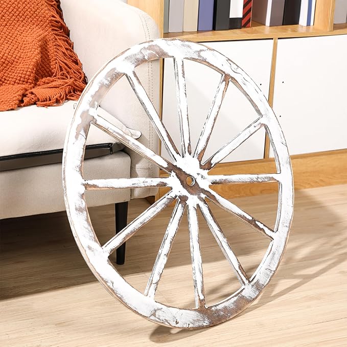 Wood Wagon Wheel Decorative Old Western Style Wagon Wheel Decor Vintage Rustic Wall Hanging Wood Cartwheel Decor for Garden Bar Patio Garage Farmhouse(30 Inch,White)