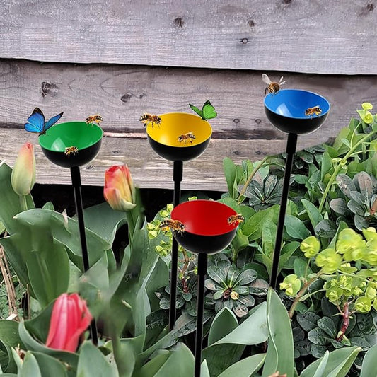 4 Pack Bee Cups For Garden, Bee Waterer And Butterfly Water Stations, Bee Water Catcher Cups For Thirsty Pollinators, Bee Bath, Colorful Metal Garden Sculpture Stakes Decor, Bee Houses For The Garden