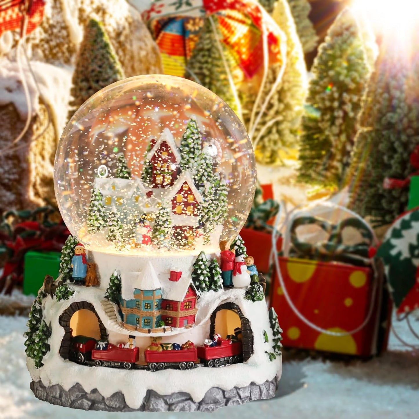 Christmas Village Snow Globes, Church House with Moving Train Musical Snow Globe Swirling Glittering Water Globes Christmas Birthday Gift for Girls Kids Daughters