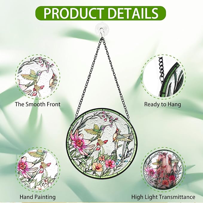 Remiawy Stained Glass Window Hanging Hummingbird Window Suncatcher 6 Inch Glass Panel with Metal Chain and Hooks Sun Catchers Indoor Wall Art Home Decor Gift for Bird Lovers Women Mother's Day