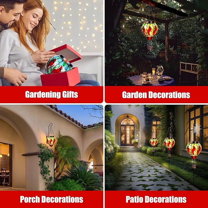 2 Pack Cardinal Solar Hot Air Balloon Lantern with Flame, Outdoor Christmas Decorations Flickering Solar Lights, Glass Hanging Solar Lantern Waterproof, Gardening Gifts for Outdoor Garden Patio Decor