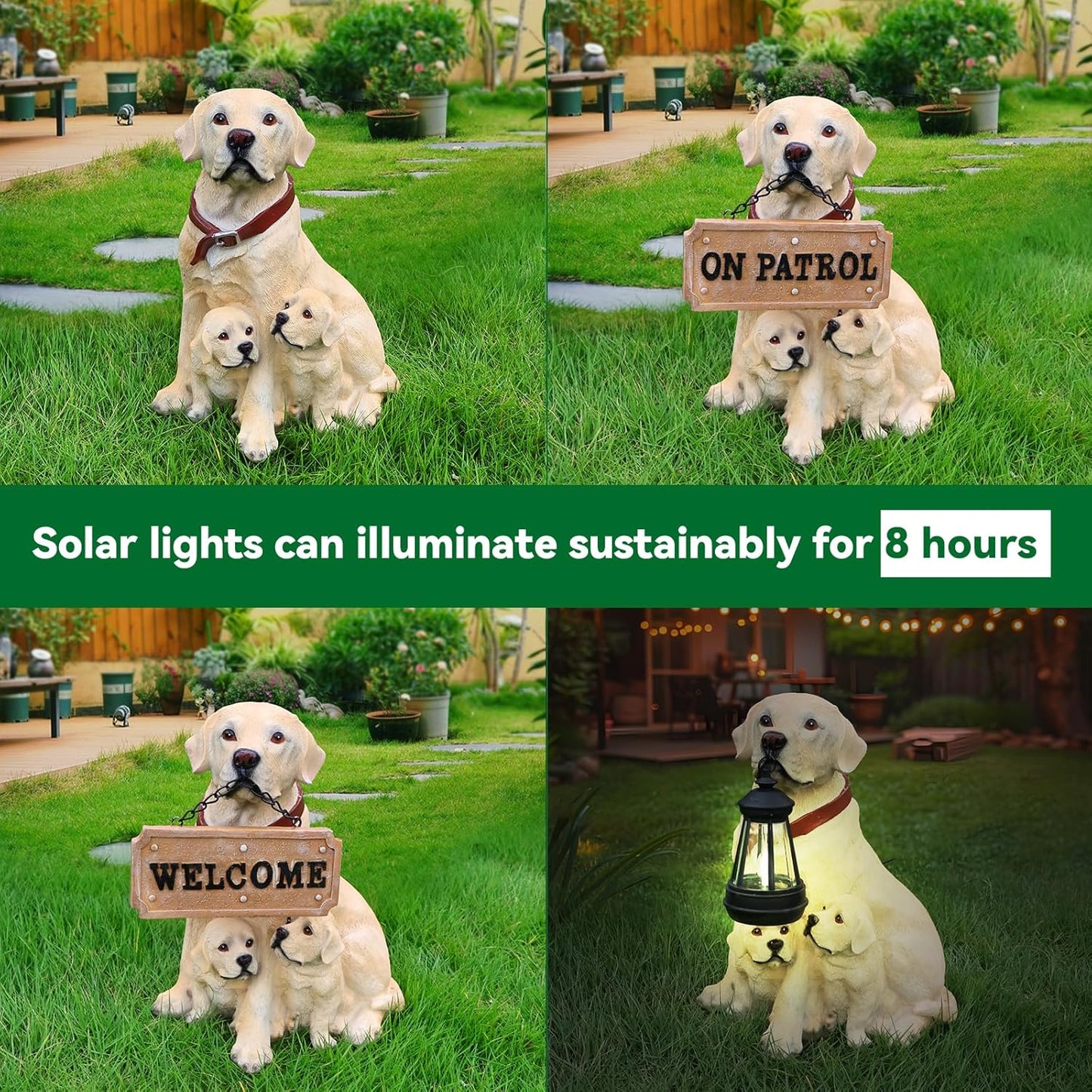 Labrador with Puppies Solar Welcome Statue, Hand-Painted Resin Dog Figurine with Lantern and Dual Wooden-Style Signs, Warm Family Guardian Sculpture for Garden and Porch Décor