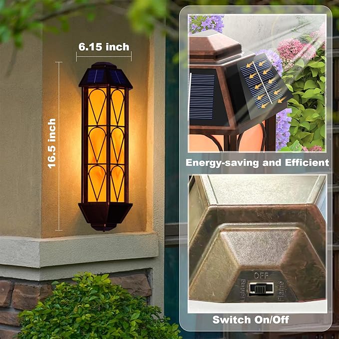 KINGLEAD Flickering Flame Solar Wall Lights Outdoor Waterproof, Light Sensor Outdoor Wall Lights with 2 Lighting Mode, Vintage Solar Wall Lights for House Garden Porch Backyard Patio, 2 Pack