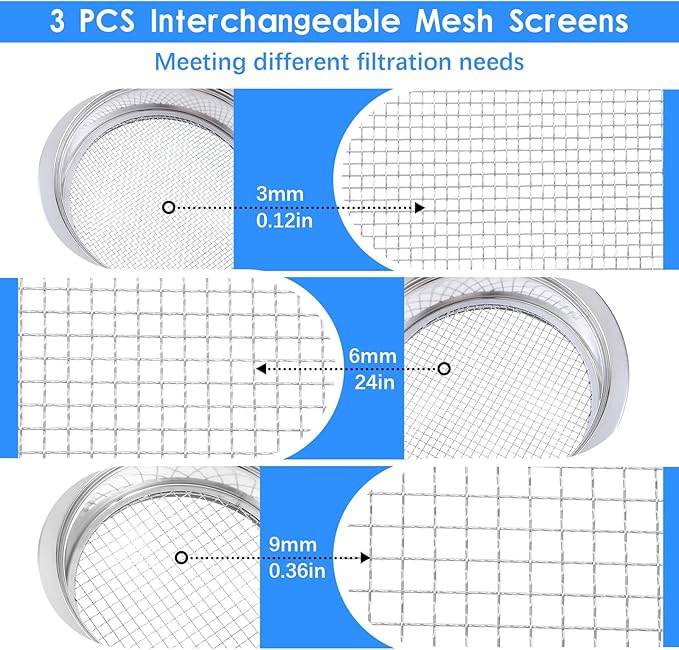 Soil Sieve Sifter Set Stainless Steel,Garden Sieve Set with 3 Interchangeable Mesh 3,6,9mm,Sifting Screen for Dirt, Sand, Rock, Filtration, Compost, with Soil Scoops Gardening Tool