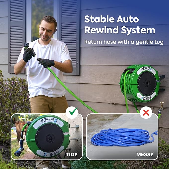 Macnaught Retractable Garden Hose Reel, 82 Ft Water Hose Reel Heavy Duty Retractable Hose with Metal 180° Swivel Rotation Bracket for Wall Mount - Green