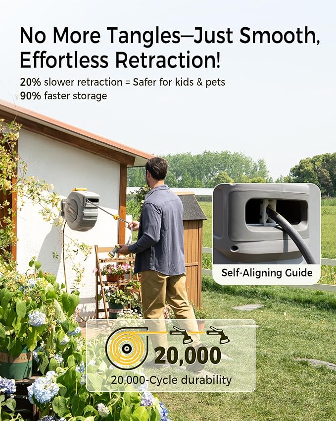 Retractable Garden Hose Reel 5/8 in x 65 ft, 2025 Upgraded Dual Ratchet Lock UV & Freeze Protection Brass Seal Slow Retraction Anti-Tangle Hose 180°Swivel Reinforced Scaffold Wall Mount