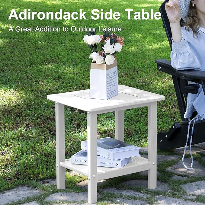 Outdoor Side Table - 2-Tier Storage All Weather Outdoor End Table for Patio - HDPE Morden Easy Maintenance Adirondack Side Table for Pool Porch Balcony Garden Lawn Backyard Outside Indoor