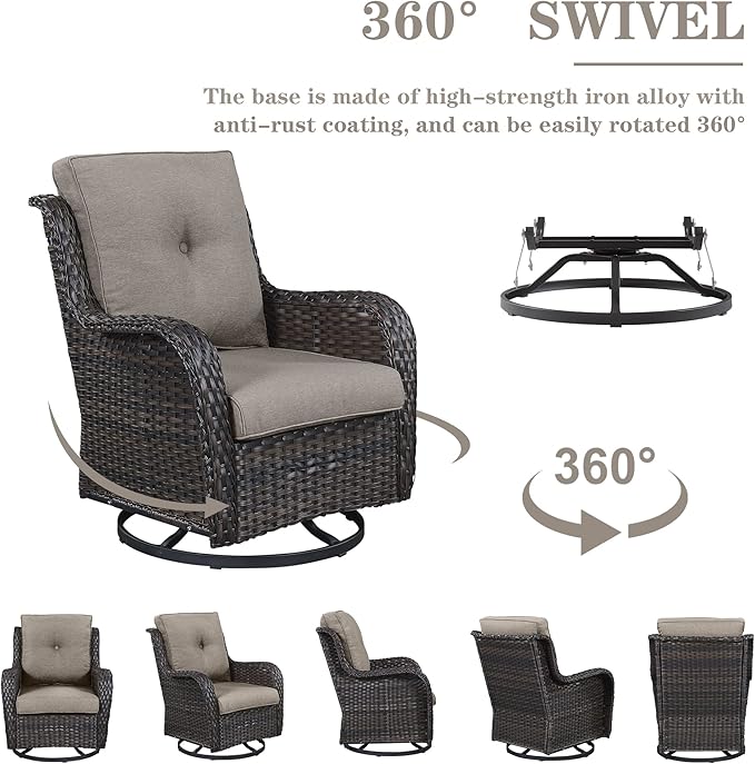 Outdoor Furniture Sectional Sofa L Shaped Couch - Patio Wicker Set with 2 Swivel Glider Chairs, 5 Piece Rattan Patio Conversation Sets with Gray Cushion for Deck Backyard Sunroom