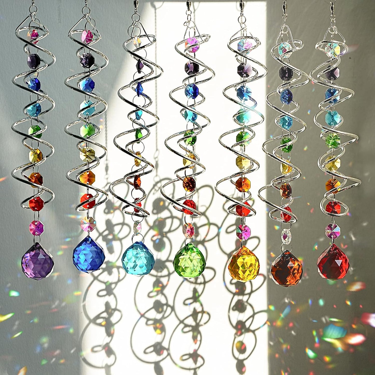 H&D HYALINE & DORA 7 Pack Crystal Suncatchers for Windows Hanging Gazing Ball Spiral Tail Wind Spinners Stainless Steel Hanging with Swivel Hook for Yard and Garden Indoor Home Decor