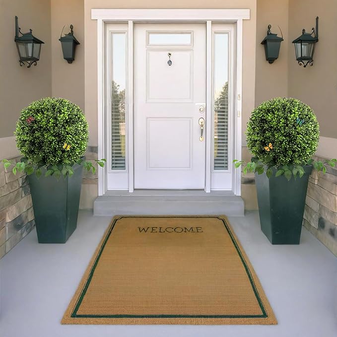 28" Artificial Boxwood Ball Bush, UV Resistant Topiary Tree Faux Boxwood Ball Shaped Porch Bushes with Ground Spike Artificial Bushes for Outdoors Front Door Decor Home Garden