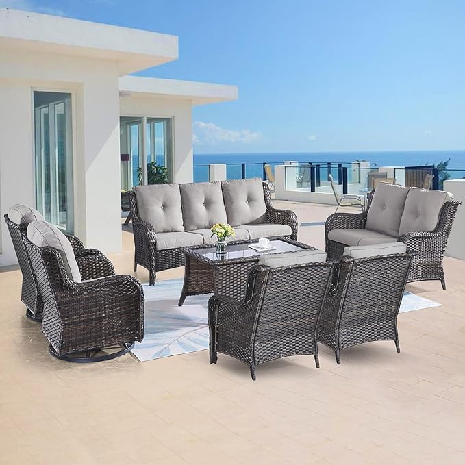 Outdoor Wicker Furniture Patio Set - 7 Piece Backyard Furniture Brown Rattan Conversation Sets with Swivel Rocker Chairs, Rattan Sofa, Club Chairs and Coffee Table, Grey Cushion