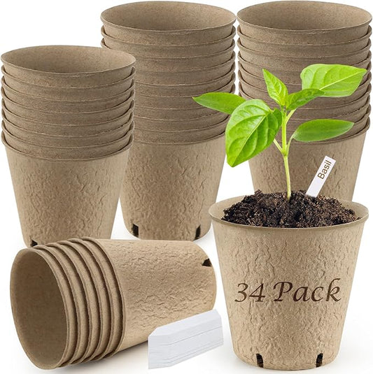 Peat Pots, 34 Pack 3.15 Inch Biodegradable Planting Peat Pots for Seedlings, Garden Plant Seed Starter Pots with Drainage Holes Seed Starting Pots for Organic Vegetable Flower, Bonus 34 Plant Labels