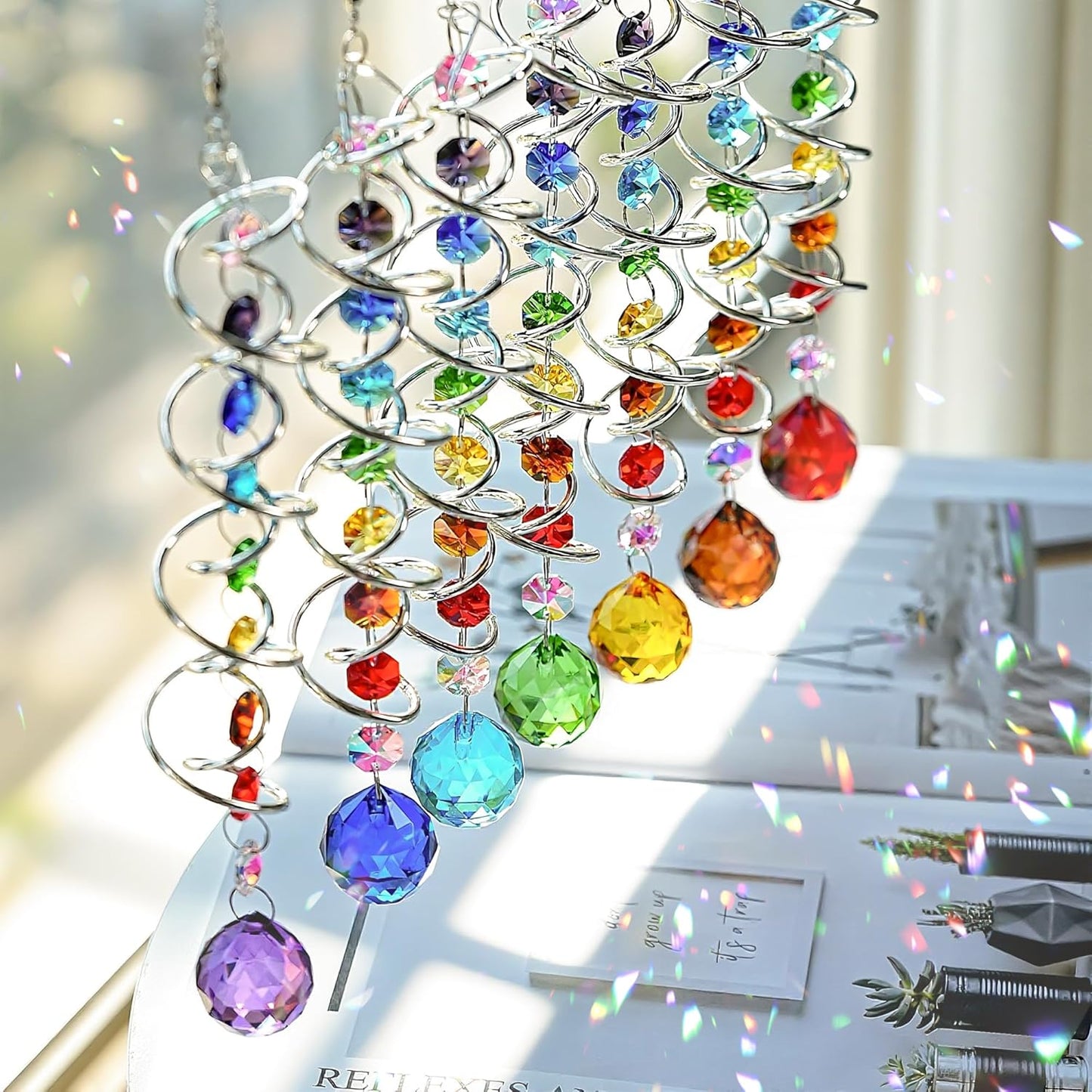 H&D HYALINE & DORA 7 Pack Crystal Suncatchers for Windows Hanging Gazing Ball Spiral Tail Wind Spinners Stainless Steel Hanging with Swivel Hook for Yard and Garden Indoor Home Decor