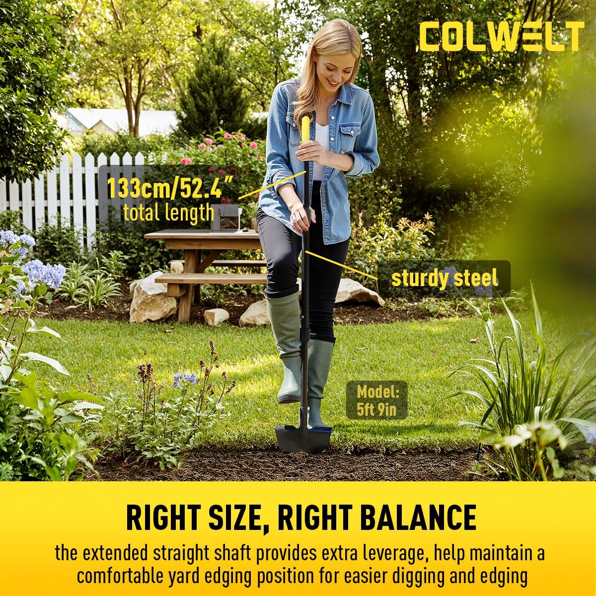 Colwelt Edger Lawn Tool Extra-Tall 52.4'', Garden Edger Chopper with V-Shape Tempered Blade, Half Moon Lawn Edger Tools with XL Solid Steel Handle, Grass Edger Tool Manual for Yard Landscaping Edging