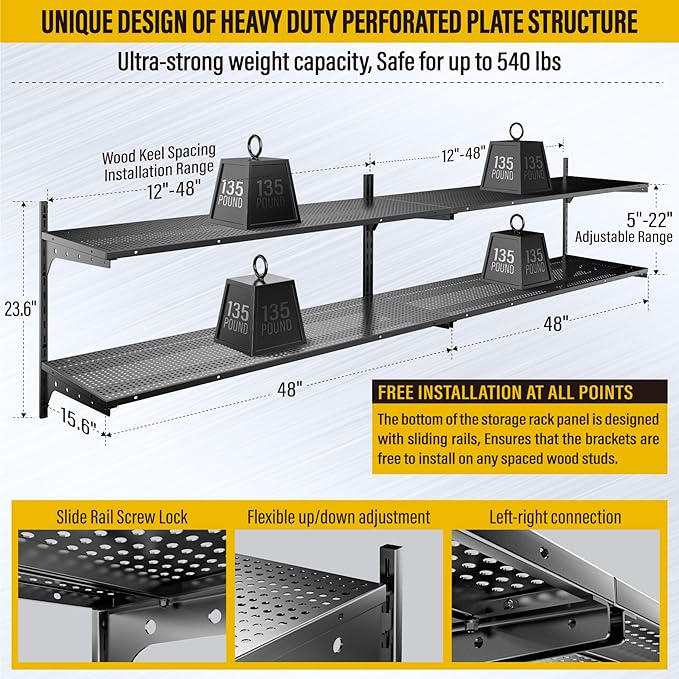 2-Pack 2 Tier 1.3x4ft Garage Shelving Wall Mounted, 800 lbs Load Capacity，15.6x48inch per Shelf Height Cassette Adjustable Floating Shelves(Black)