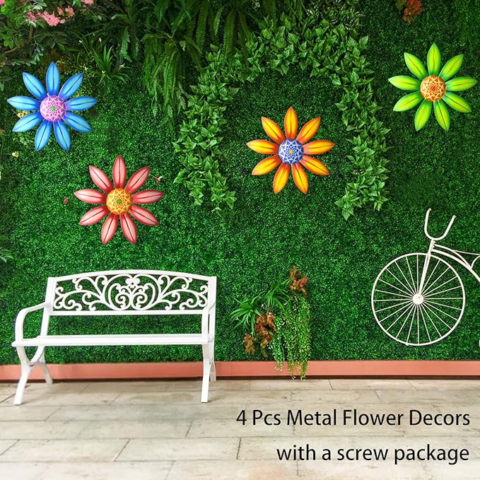 Gooyule Metal Flower Decor, 4 Pack Metal Flowers Wall Decor Colorful Flower Wall Art 6.5" Metal Floral Wall Decor Indoor Outdoor Hanging Wall Decor Metal Wall Decor Set for Home Office Garden Yard