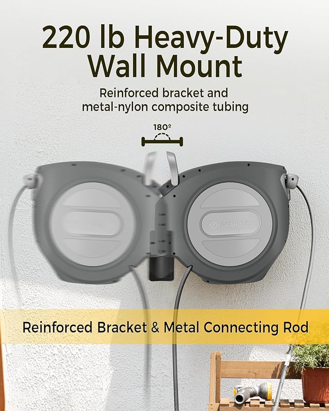 Retractable Garden Hose Reel 1/2 in x 85 ft Upgraded UV Resistant Heavy Duty Automatic Hose Reel Wall Mount 3/4 in Brass Fitting 9 Pattern Nozzle Any Length Lock Slow Retraction