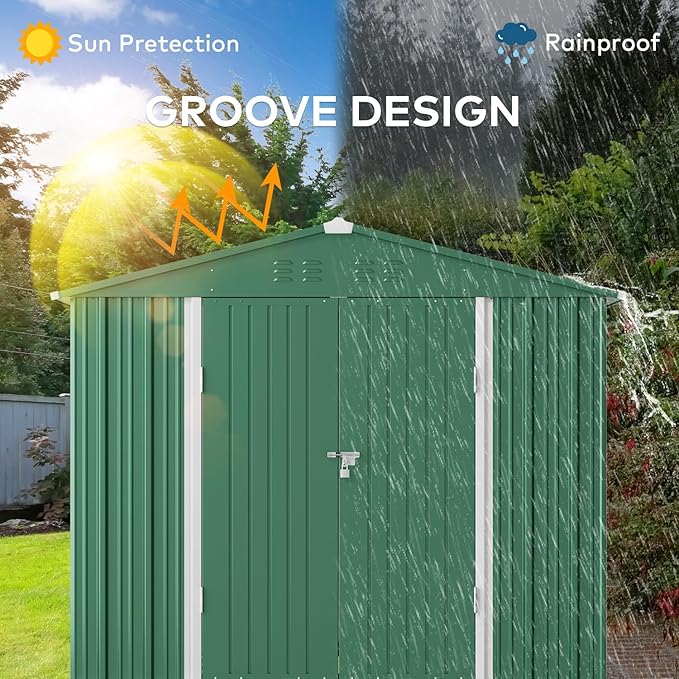 Gizoon Outdoor Storage Shed 8 x 6 FT, Galvanized Metal Garden Shed with Double Lockable Doors, Outdoor Storage Clearance for Backyard Patio Lawn-Green