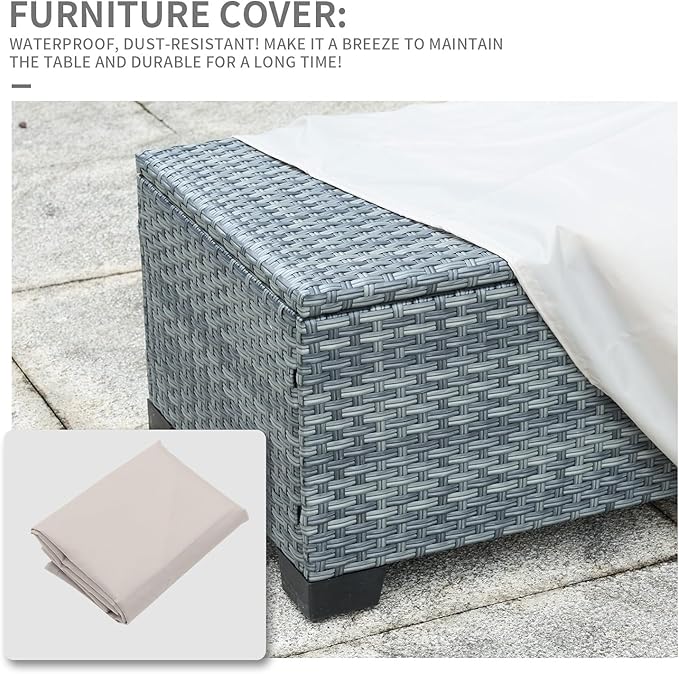 Outdoor Storage Table Wicker Patio Coffee Table All-Weather Rattan Side Table with Waterproof Cover, Grey
