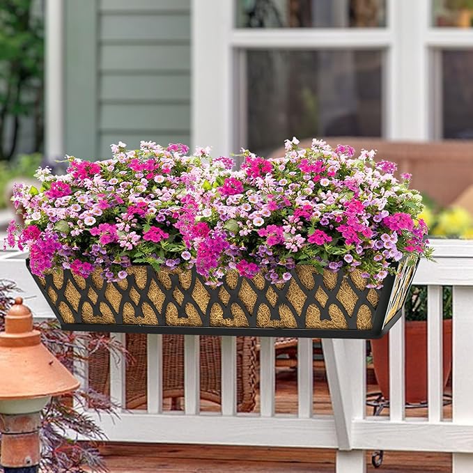 4 Pack 30 Inch Window Boxes Planters Railing Planter Box with Adjustable Brackets for Porch Fence Patio Balcony Hanging Flower Baskets with Coco Liners for Outdoor Garden Decor - Black