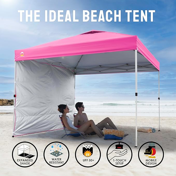 CROWN SHADES 10x10 Pop Up Canopy with 1 Side Wall - Beach Tent with One Push Setup - Outdoor Sun Shade for Events, Parties, Camping - Gazebo with STO-N-Go Cover Bag (Pink)