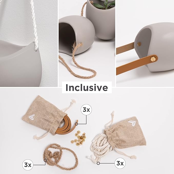 Wall Planters -Ellie- | Hanging Ceramic Plant Pots 3 Pieces | Wall Decoration for Indoors, Balcony and Garden | Light Grey (Matte)