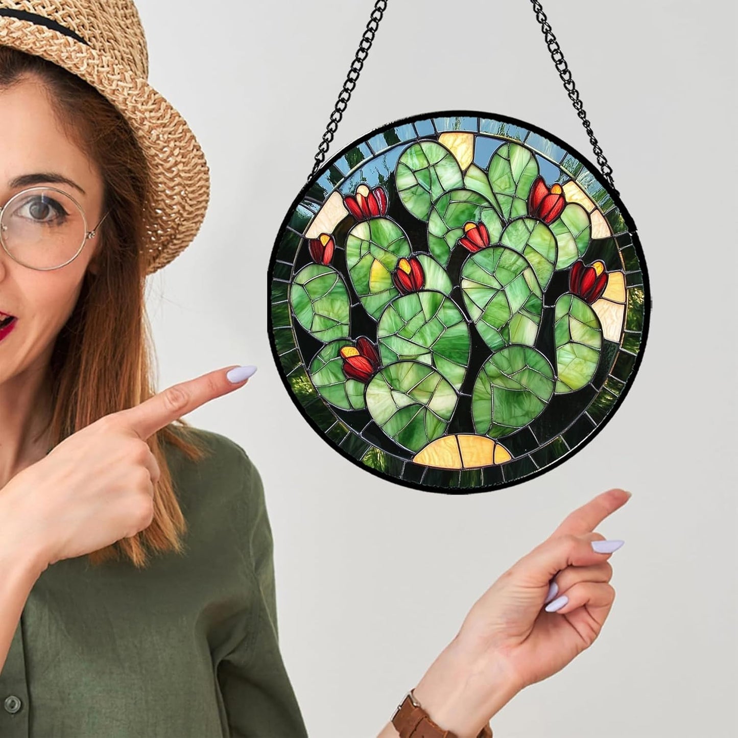 Stained Glass Window Hanging - Green Cactus Suncatcher for Doors Garden Patio Retro Plants Sun Catchers Decor Christmas Mother's Day Birthday Gifts for Women Men Mom Nana Friend 7.8 in