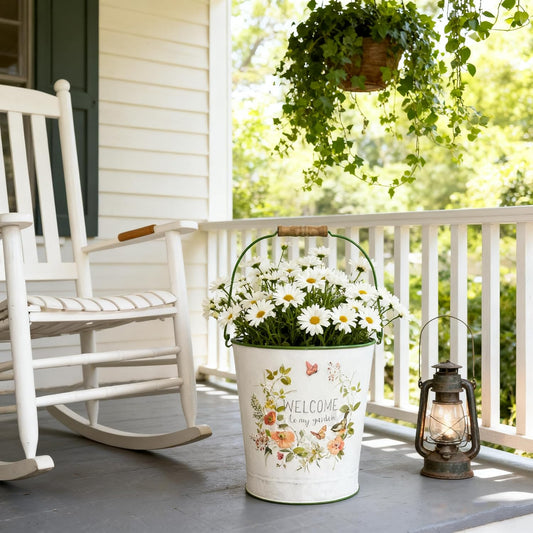 Vintage Welcome to My Garden Metal Planter Bucket with Wooden Handle, Rustic Farmhouse Flower Pot, Decorative Indoor Outdoor Gardening Container for Succulents, Herbs, Home Decor