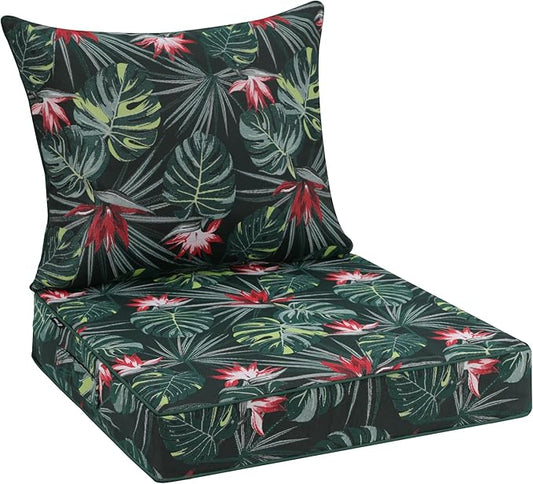 Favoyard Outdoor Seat Cushion 19 x 19 x 3 in Waterproof Pattern Fade Resistant Cover Removable Patio Furniture Cushions Deep Seat & Back Cushion Set with Adjustable Straps for Patio Chair Sofa Couch