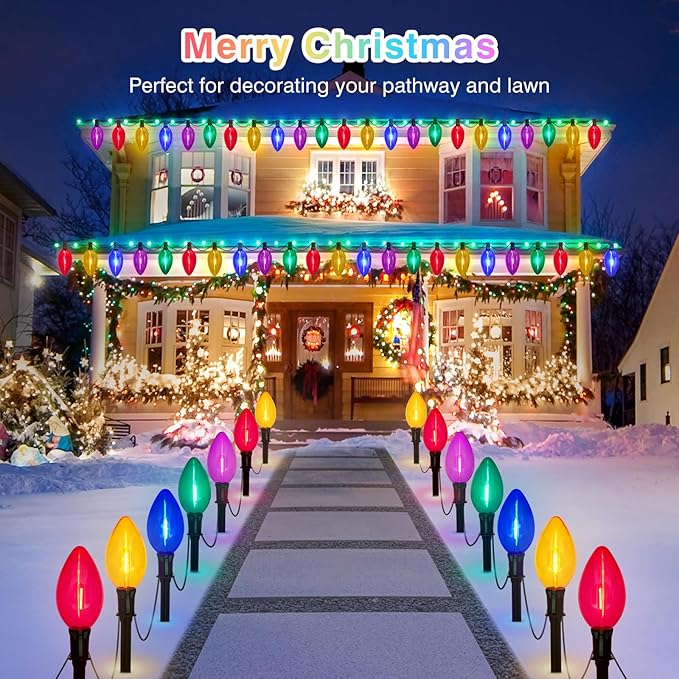 2 Packs Outdoor Christmas Decorations, Total 34 Feet 20 LED C9 Christmas Pathway Lights or Xmas String Lights, Multicolored Bulbs Waterproof Marker Lights for Yard Holiday Lawn Walkway Garden