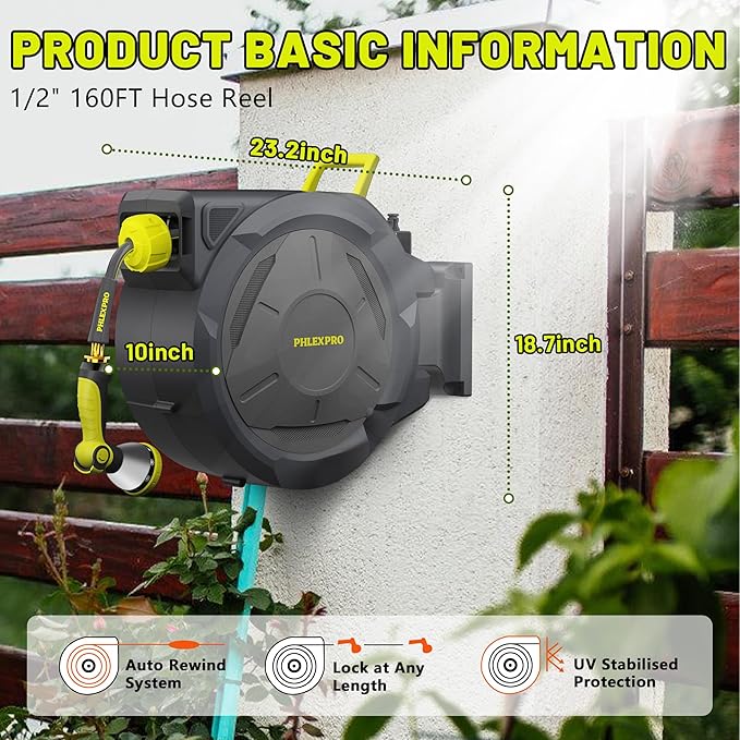 Retractable Garden Hose Reel 160Ft Extra Long, PHLEX PRO Heavy Duty Automatic Water Hose Reel Wall Mounted with 10 Pattern Nozzle, Any Length Lock, Slow Return System, 180°Swivel Bracket