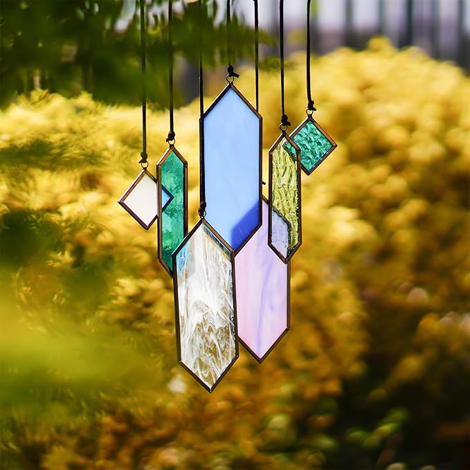 HDCRYSTALGIFTS Stained Glass Window Hanging Suncatchers - 7 Pieces Handcrafted Element Earth Tones Set,Modern Blue Wall Art Sun Catchers Indoor Window Glass Decor Gifts for Mom,Grandma