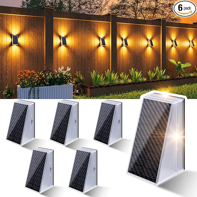 KINKAI Outdoor Solar Lights - 6 Pack Fence Lights Solar Deck Light Outdoor Wall Light with 11 Lighting Modes for Outside Garden Stairs Pool (Warm Light)