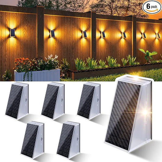 KINKAI Outdoor Solar Lights - 6 Pack Fence Lights Solar Deck Light Outdoor Wall Light with 11 Lighting Modes for Outside Garden Stairs Pool (Warm Light)