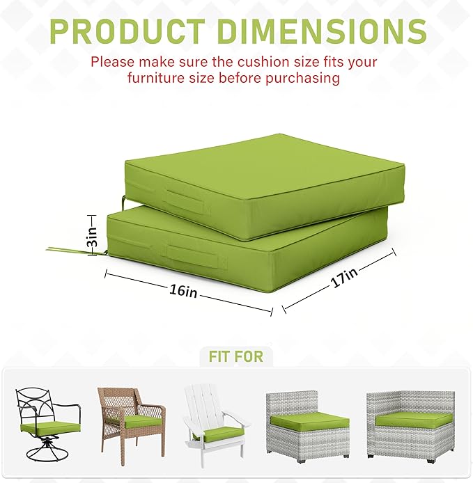 Patio Chair Cushions 17 X 16 X 3 Inch Waterproof Outdoor Seat Cushions for Patio Furniture, Outdoor Sofa Couch Pads with Ties & Handle, Set of 2, Grass Green