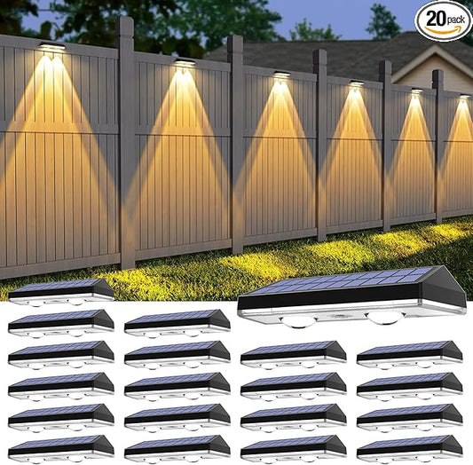 Solar Fence Lights ,Warm White & Cold White & Mixed Color 3 Modes Lens LED Dusk to Dawn Deck Light, Fence Solar Lights Outdoor Waterproof,Solar Outdoor Lights for Backyard/Railing/Wall set of 20