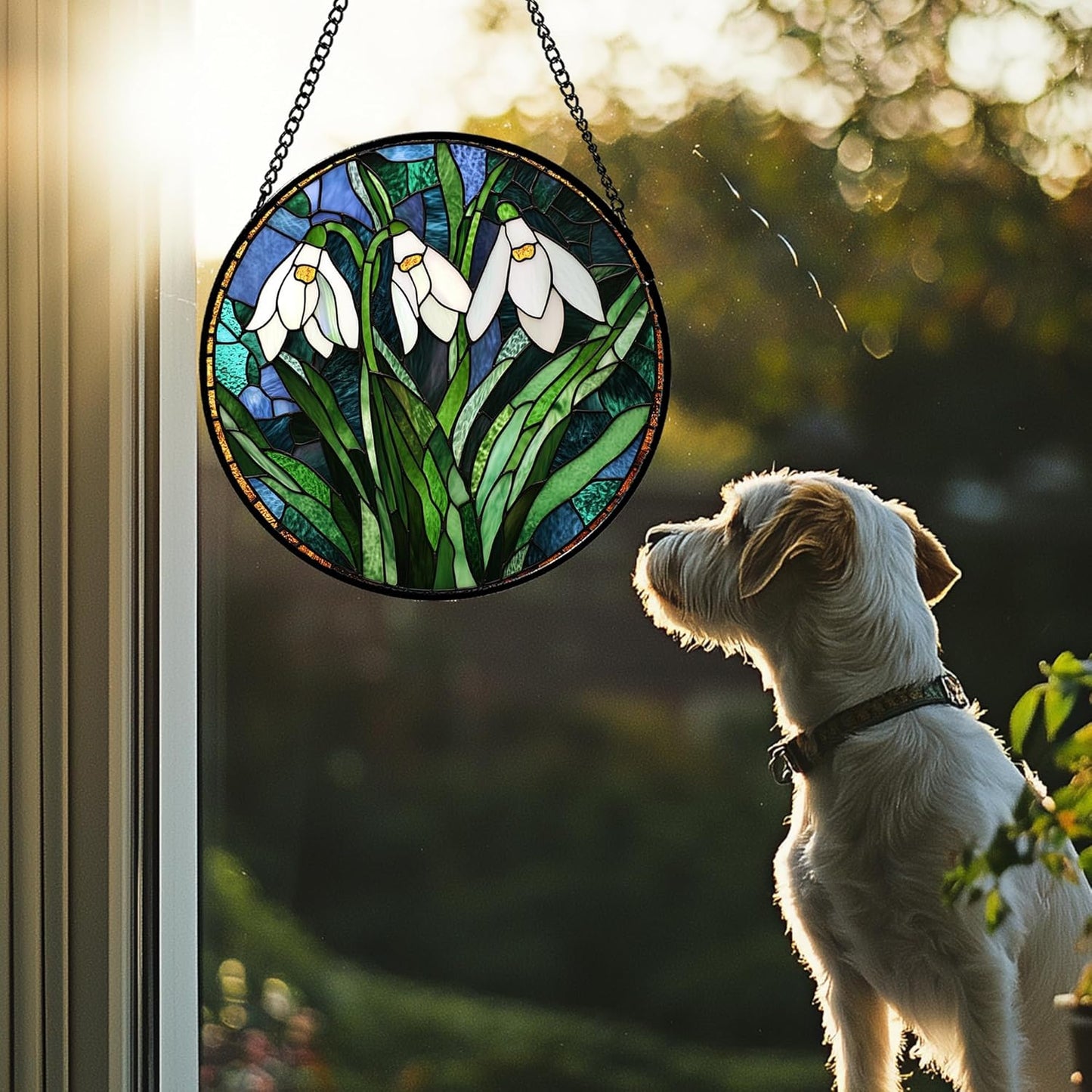 Stained Glass Window Hanging - Green Plants Birth Flowers Suncatcher for Doors Garden Patio Sun Catchers Decor Christmas Mother's Day Birthday Gifts for Women Men Mom Nana Friend 7.8 in