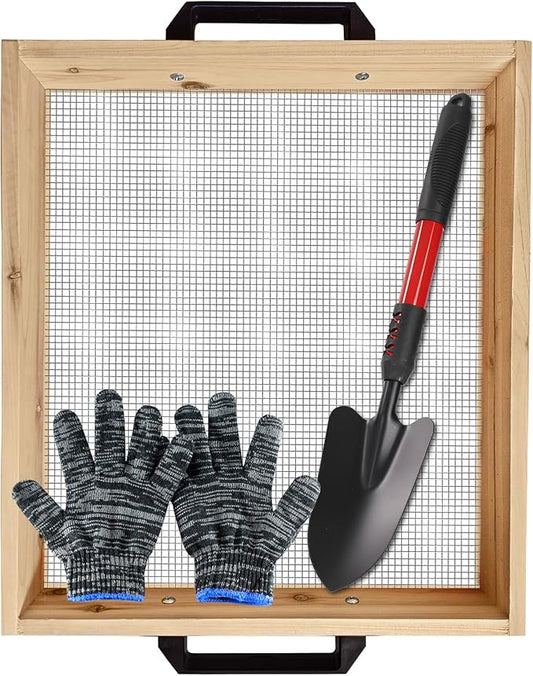 19" x 16" Large Soil Sifter, Soil Sifter for Gardening, Wooden Compost Sifter, Dirt Sifter, Rock Sifter, Soil Sieve with 1/4in Sifting Screen, Sifting Peat Moss Gravel for Wheelbarrow Trowel Tool Set