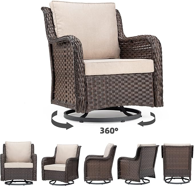 Towallmark Outdoor Swivel Wicker Glider Patio Chairs with Table Set, 3 Pieces Outdoor Bistro Set with 4”Thick Cushions and Coffee Table for Porch, Balcony, Deck (Beige)