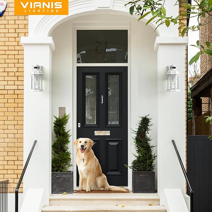 VIANIS 2-Pack Motion Sensor Outdoor Lights for House, White Garage Light Wall Mount Lantern, Modern Exterior LED Wall Lights Fixtures with Ripple Tempered Glass, Outside Wall Sconce Lamp for Porch