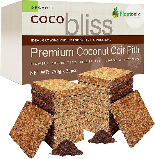 Coco Bliss Coco Coir Bricks (250gm Bricks, 20-Pack) - Organic Coco Coir for Plants - OMRI-Listed Coconut Coir for Plants - Coconut Coir Bricks - Coco Peat for Plants, Garden Soil, & Organic Mulch
