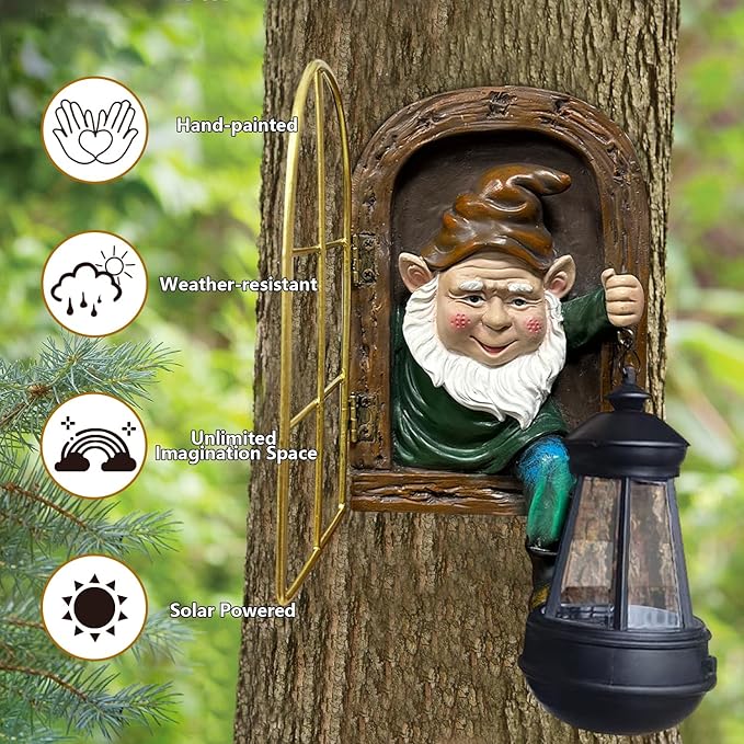 Fairy Garden Statues Gnomes Solar Lantern - Whimsical Elf Out The Door Tree Hugger Figurines Fence Wall Yard Art Home Decor Outdoor Tree Face Sculpture, Ideal Birthday Housewarming Decorations Gifts