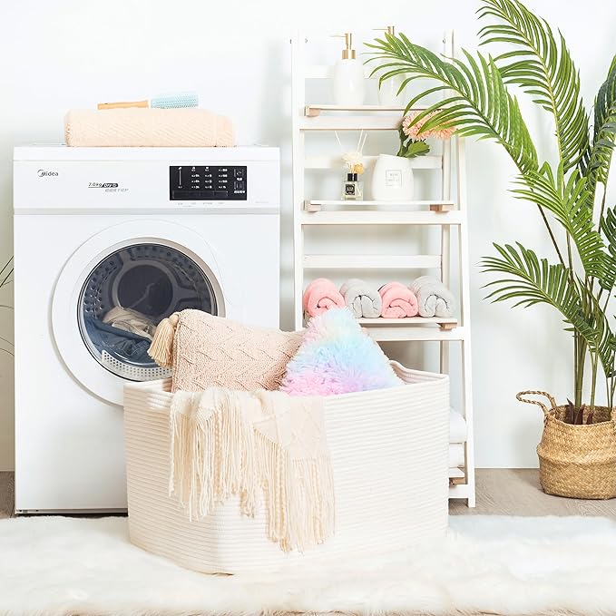 MINTWOOD Design 22in Extra Large Blanket Basket Holder Living Room, Rectangle Rope Woven Storage Basket with Handles for Laundry, Pool Towels, and Shoes, Dog Toy Organizer Bin Box, Creamy White