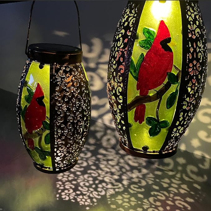 2PCS Cardinal Solar Lanterns Glass & Metal Hanging Light Outdoor Waterproof 16" H Tabletop Lamp with Hollowed-Out Design with Shepherd's Hooks for Garden Patio Table Decor, Green