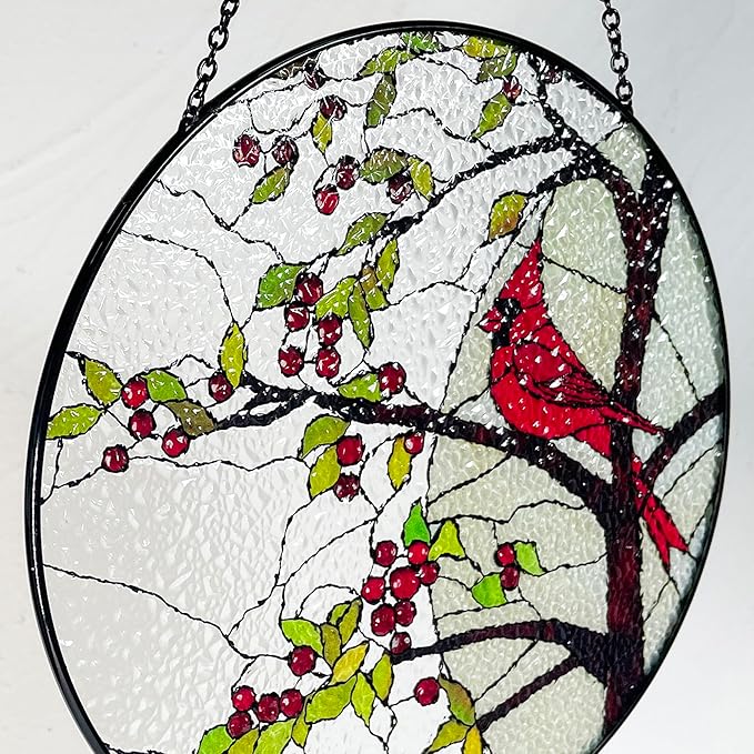 Stained Glass Window Hanging Sun Catcher 7.8”- Cardinal in Full Moon Stained Glass Suncatcher, Red Berry Tree, Nature, Indoor Decor, Wall Art, Gifts for Women
