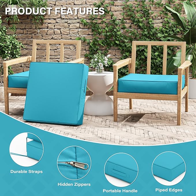 Patio Chair Cushions 24 X 24 X 5 Inch Waterproof Outdoor Seat Cushions for Patio Furniture, Outdoor Sofa Couch Pads with Ties & Handle, Set of 2, Lake Blue