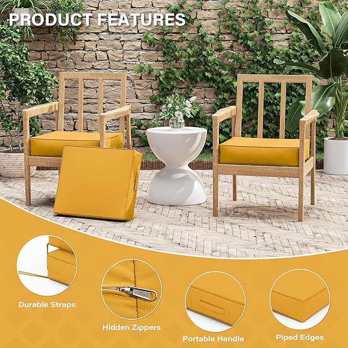 Patio Chair Cushions 18.5 X 16 X 4 Inch Waterproof Outdoor Seat Cushions for Patio Furniture, Outdoor Sofa Couch Pads with Ties & Handle, Set of 2, Yellow