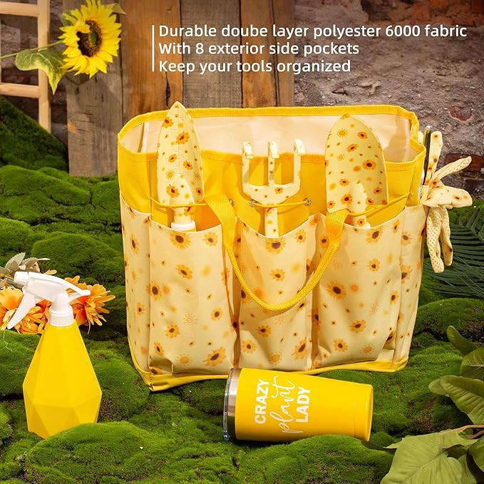 Sunflower Gardening Gifts for Women, Gardening Tools for Women, Garden Tool Set, Heavy Duty Gardening Hand Tools with Garden Tool Bag,Yellow
